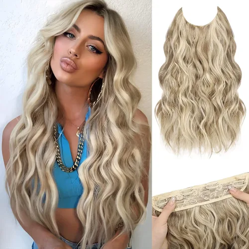 Vista 12 de Extensiones de Cabello con Alambre Invisible - Extensiones de Cabello Halo de 14 Pulgadas Largas Onduladas Postizo Sintético con Alambre