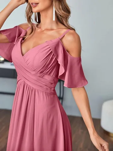 Vista 4 de V-Neck Bridesmaid Dresses with Pockets A-Line Long Chiffon Formal Party Dresses with Slit HY016