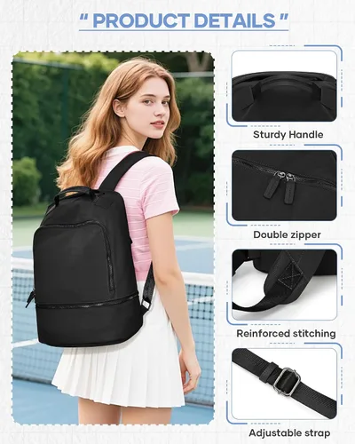 Vista 6 de Mochila de gimnasio negra para mujeres y hombres, bolsa impermeable para pista de gimnasio con compartimento expandible para zapatos, ligera, mini
