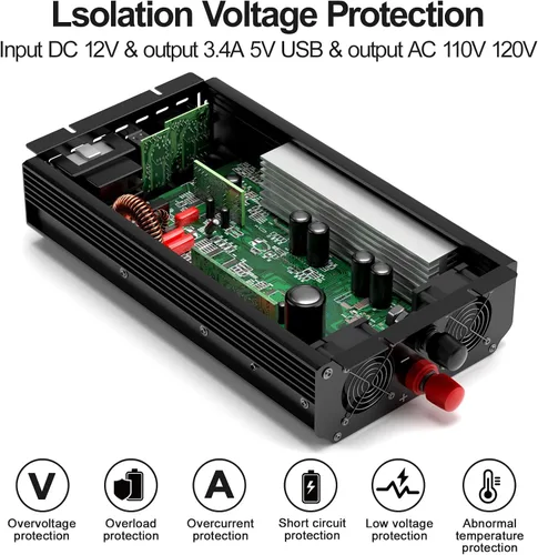 Vista 4 de Inversor de corriente de 2300 W, de 12 V CC a CA 110 V/120 V de potencia máxima de 4600 W con 2 tomas de CA y 2 puertos USB 2.4, pantalla LCD.