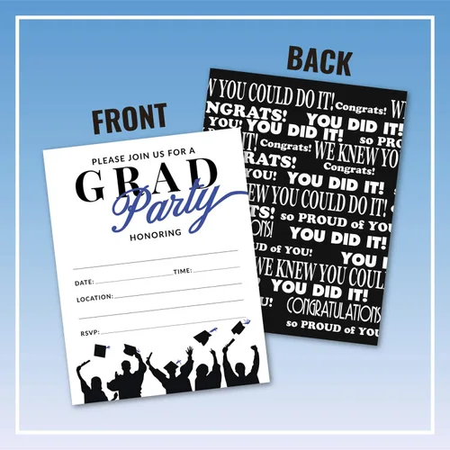 Vista 2 de 25 invitaciones de fiesta de graduación azules y negras con sobres para universidad, escuela secundaria, celebración o anuncio de graduación