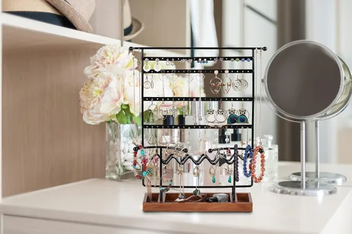 Vista 6 de Soporte organizador de aretes organizador de aretes con bandeja de madera soporte de joyería para collares aretes pulseras relojes y anillos soporte