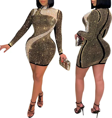 Vista 3 de PORRCEY - Vestido de noche sexy con manga larga y diamantes de imitación para mujer, fiestas y discotecas