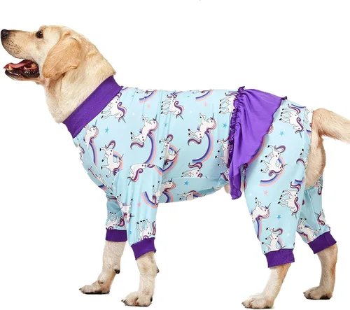 Vista 13 de LovinPet Pijamas Grandes para Perros – Camisa de unicornio para perro, mameluco de recuperación poscirugía, sirenas y unicornios estampado Azul