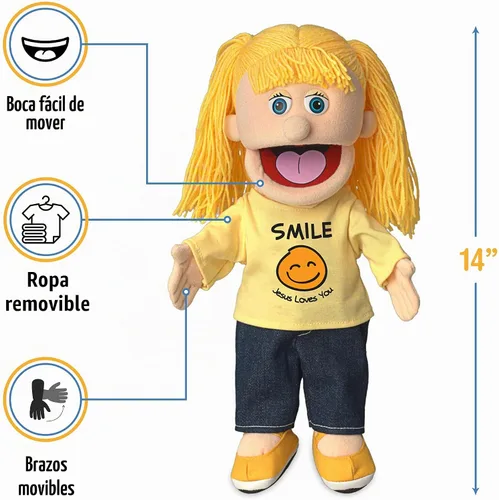 Vista 3 de Sonrisa Jesús te ama, chica melocotón, marioneta de mano del ministerio cristiano de 14 pulgadas