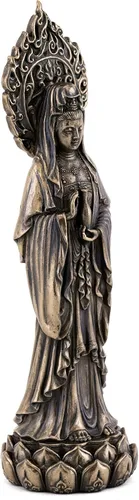 Vista 4 de Top Collection Estatua meditadora de Guan Yin de pie sobre pedestal de loto, escultura de la diosa de la misericordia y la compasión de Kwan Yin