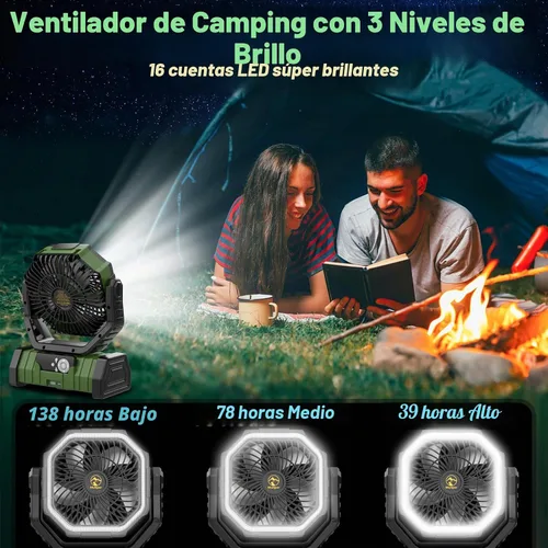 Vista 4 de Ventilador de camping recargable 20000mAh con linterna LED, ventilador con pilas Auto-Oscillating Portable Fan with Remote & Hook, 4 Speeds