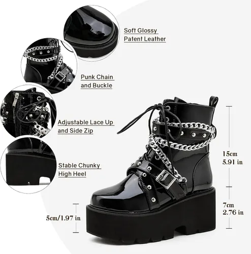 Vista 5 de Parisuit Botines góticos de charol para mujer, con plataforma, tacón alto grueso, con cordones, botas de combate punk, botas cortas