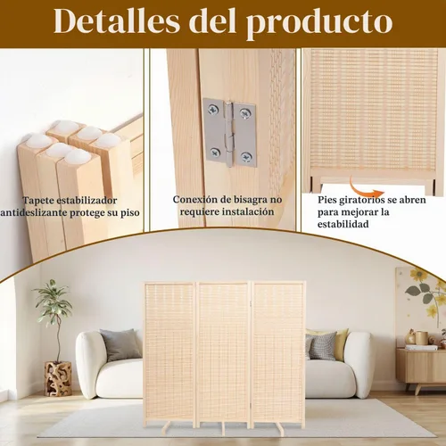 Vista 6 de Panel divisor de habitación de bambú con patas giratorias de 360°, 3 paneles de 47 pulgadas de alto, pantalla de privacidad plegable corta
