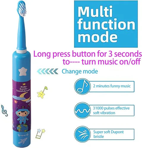 Vista 3 de OJV 8620 Cepillos de dientes eléctricos musicales para niños, 3 modos de temporizador de 2 minutos, 6 cerdas recargables de energía inteligente, Azul