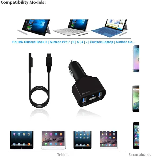 Vista 2 de BatPower CCS 110W Surface Laptop Cargador de coche compatible con Microsoft Surface Book Laptop 4 3 2 1 Surface Pro 8 X 7 6 5 4 3 Go Tablet Car
