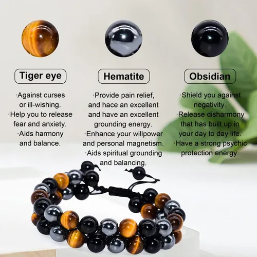 Vista 3 de Pulsera de triple protección, hecha a mano, pulsera de cristal para hombres y mujeres, cuentas de ojo de tigre, hematita y obsidiana negra, piedra