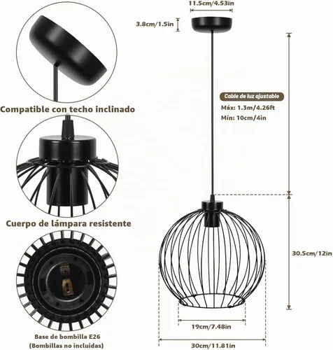 Vista 5 de GLOBOTECH Lámpara de araña industrial moderna de bola negra, lámpara colgante de jaula de metal, base E26 (sin bombilla), requiere montaje