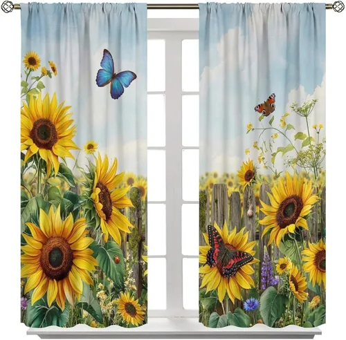Vista 2 de Sunflower Curtains for Living Room Bedroom, Spring Nature Blue Sky and Butterfly Window Drapes, Rustic Wooden Fence Floral Botanical Decor, 2 Panels