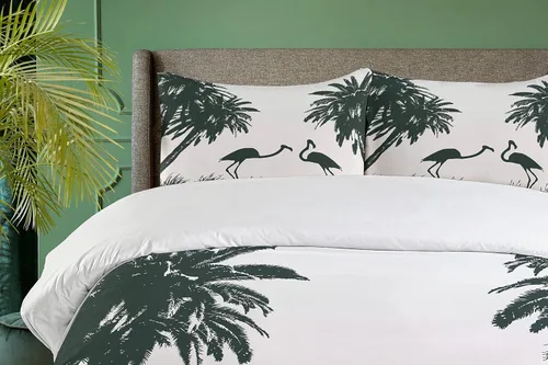 Vista 3 de Ambesonne Juego de funda de edredón natural, pájaros flamencos y palmeras en Miami, exóticos paisajes naturales tropicales, juego de ropa de cama