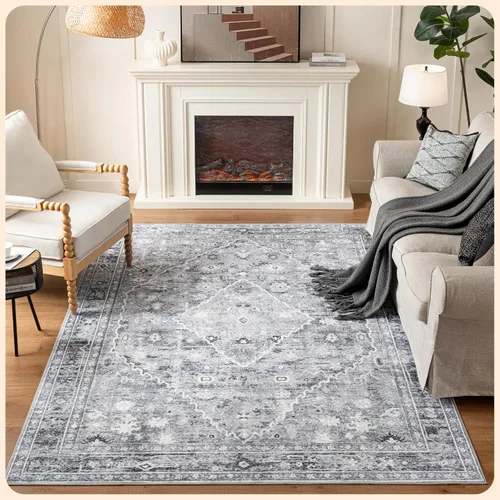 Vista 315 de Istana Alfombra larga antideslizante de 2.5 x 8 para el hogar, para pasillo y cocina, lavable, sedosa y suave al tacto, elegante, color azul y marfil