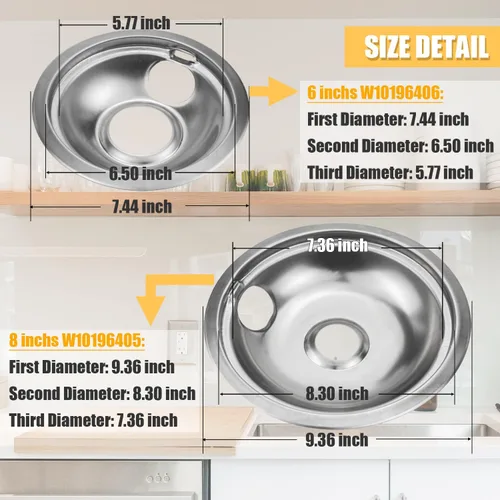 Vista 2 de Juego de 4 cuencos reflectantes cromados universales para estufas de gas, anillos para quemadores compatibles con Whirlpool W10278125 W10196405