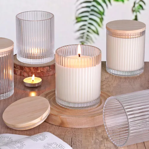 Vista 8 de sunnyfuture Juego de 8 tarros de vela azules de 10 onzas para hacer velas, tarros de vela de vidrio acanalado con tapas y etiquetas de madera