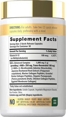 Vista 2 de Carlyle Suplemento NAD+ para mujeres y hombres 1000 mg 60 cápsulas Complejo avanzado con resveratrol y colágeno Sin OMG y sin gluten