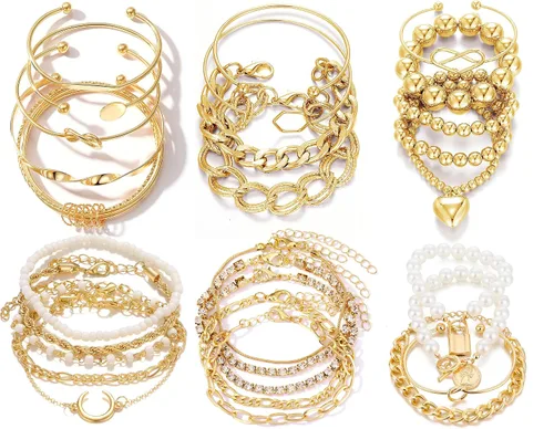Vista 11 de IFKM Juego de 6 pulseras de cadena de oro bohemio para mujer, chapado en oro de 14 quilates, múltiples capas, apilables, abiertas, con eslabones