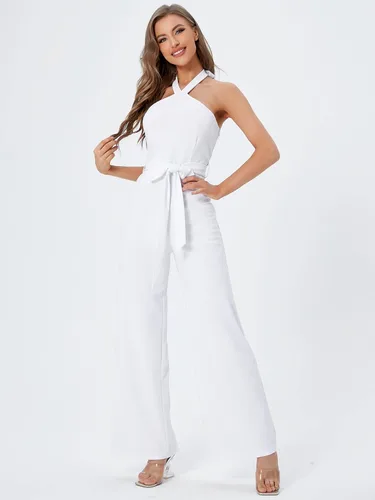 Vista 5 de WDIRARA Enterizo elegante sin mangas para mujer, sin mangas, con cintura alta, cinturón y pierna ancha, con espalda descubierta, elegante