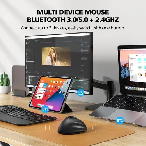Vista 3 de Ratón inalámbrico Bluetooth ergonómico vertical para computadora portátil, MacBook, iPad, tableta, recargable, silencioso, clic, USB, túnel Negro
