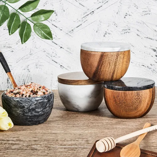 Vista 7 de MarcZero - Salero grande con caja de especias y condimentos, contenedor de pimienta, base de mármol con cubierta de madera, diseño elegante de gran