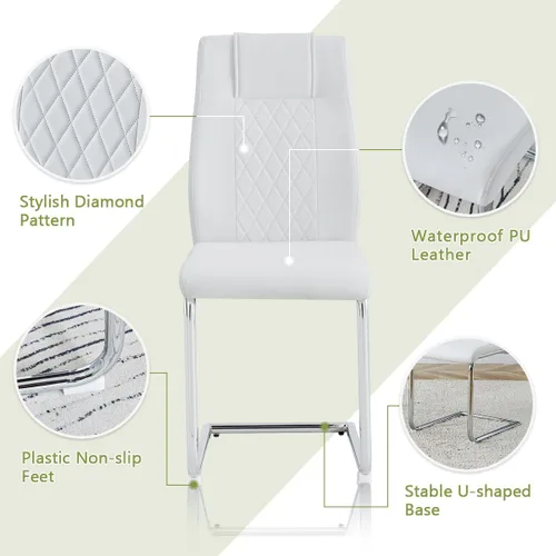 Vista 5 de Juego de mesa de comedor de cristal para 6, 71 pulgadas juego de mesa de comedor moderno para 6 7 Piece Dining Table Set, 6 White Dining Chairs