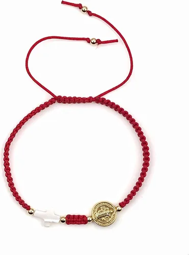 Vista 2 de Hand-Woven Thread Bracelet for Women with St. Benedict Medal and Small Nacre Cross - Adjustable Size and Perfect for Women