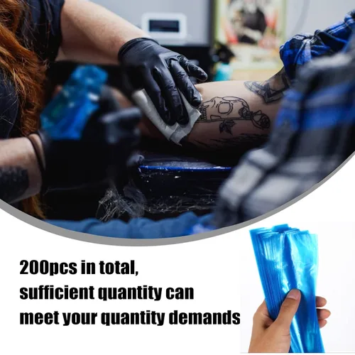 Vista 7 de 200 unids Clear Tattoo Machine Pen Covers Tattoo Pen Sleeves Plastic Dust Protection Blue Bags for Tattoo Professionals