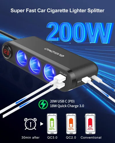 Vista 2 de Eugizmo - Divisor de encendedor de cigarrillos 7 en 1, adaptador de enchufe de cargador de coche de 200 W 1x PD30W USB-C, QC3.0 18W and 3x 2.4A