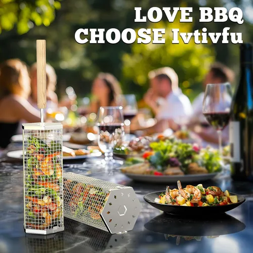 Vista 6 de Ivtivfu - Cesta de parrilla enrollable, mango de madera removible, acero inoxidable 304, herramientas de parrilla anidadas, accesorios para barbacoa