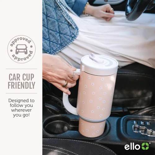 Vista 6 de Ello Oasis Vaso de 24 oz con asa y popote retráctil Taza reutilizable de acero inoxidable aislada 100% a prueba de fugas, regalos