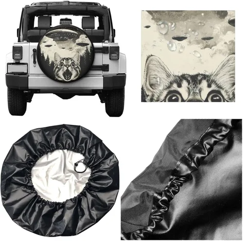 Vista 4 de Cool Cat and UFO Spare Tire Cover Wheel Protectors Dust-Proof Wheel Tire Cover Fit Trailer, Rv, Sand Many Vehicle 14inch