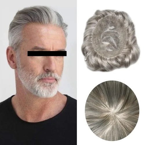 Vista 97 de Toupee para hombres Sistema de reemplazo de cabello humano real para hombres Completo PU Mens Hairpiece de aspecto natural para hombre piezas
