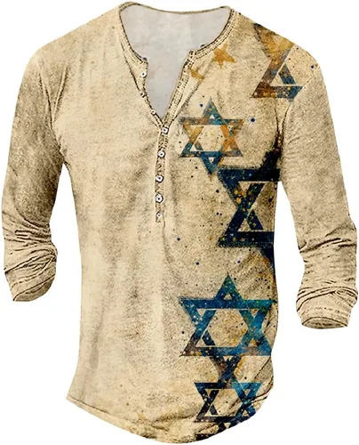 Vista 26 de MARSVOVO Camisetas Henley para hombre, camisetas gráficas artísticas, cuello en V, sin cuello, manga larga, casual, ajustadas, camisas