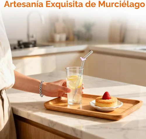 Vista 2 de Pajitas de cristal hechas a mano con dije de murciélago – Pajitas de borosilicato dobladas reutilizables de 9 pulgadas para vasos de 16 oz/20 onzas