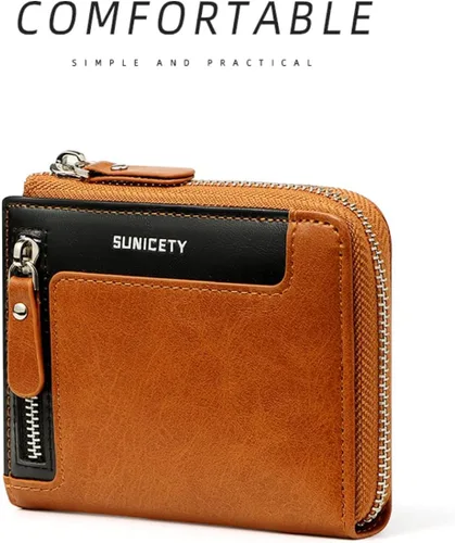 Vista 3 de Cartera de cuero a la moda corta con cremallera RFID función multitarjeta, cartera RFID para hombres, Marrón