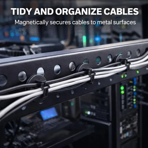 Vista 6 de Soportes magnéticos para bridas de cables, 12 bases magnéticas con 100 bridas para cables, organizador de gestión de cables multiusos para Negro