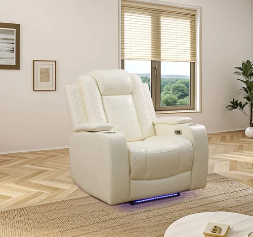 Vista 10 de Sofá reclinable con luces LED, sofá reclinable de cuero con dos asientos reclinables/puerto USB/consola de almacenamiento/soporte para vasos