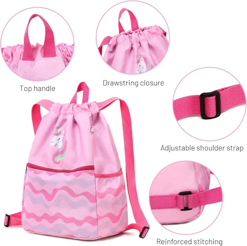 Vista 3 de Ryushoyo Bolsa impermeable con cordón para gimnasio, mochila deportiva para hombres, mujeres, niñas y niños, Unicornio Wave Rosa