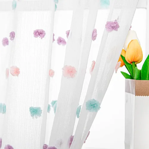 Vista 12 de MYSKY HOME Cortinas rosas para dormitorio de niñas, habitación de guardería, pompones para habitación de niñas y niños, cortinas traslúcidas blancas