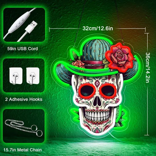 Vista 3 de Letrero de neón del Día de los Muertos, luz de neón LED de calavera de azúcar mexicana para decoración del hogar y bar, arte impreso UV con tira LED