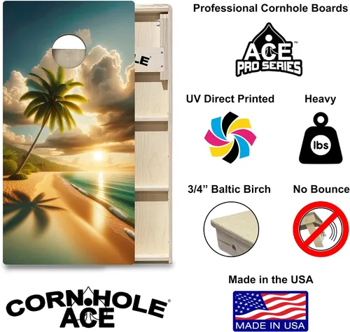 Vista 2 de ACE PRO Tablas de Cornhole profesionales con temática de playa, sin rebote. Patas triples anchas, madera contrachapada de abedul báltico de 3/4