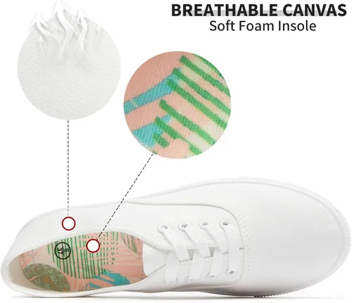 Vista 2 de Zapatos de lona para mujer, zapatos de tenis blancos, zapatos casuales sin cordones, bordados florales, Blanco