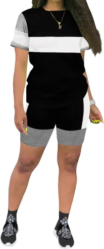 Vista 12 de KINIKO Conjunto deportivo de 2 piezas para mujer, casual, de moda, color sólido, camiseta de manga corta y pantalones Negro-a