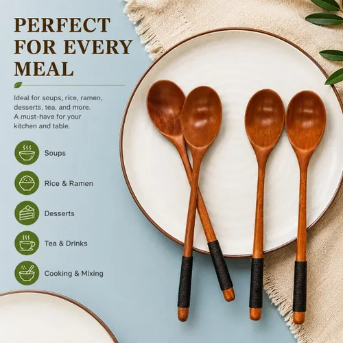 Vista 5 de Muulaii - Paquete de 6 cucharas de madera para sopa, cuchara de madera de mango largo de 9 pulgadas Madera natural Nanmu, laca de grado