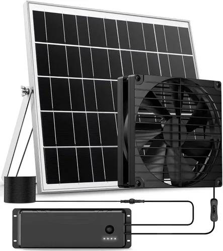 Vista 10 de Ventilador solar con batería, ventilador solar recargable para gallinero, invernadero, cobertizo, exterior con dos ventiladores de entrada de escape