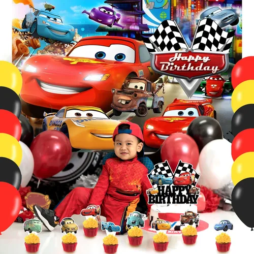Vista 6 de Suministros de fiesta de automóvil de dibujos animados de 5 x 3 pies, telón de fondo de automóvil Maqueen, pancarta de fiesta de feliz cumpleaños