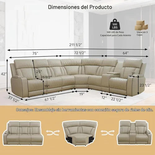Vista 2 de Juego de sofá reclinable eléctrico, juegos de muebles de sala de estar, juego de sofá modular de cuero con luces LED, portavasos, consola